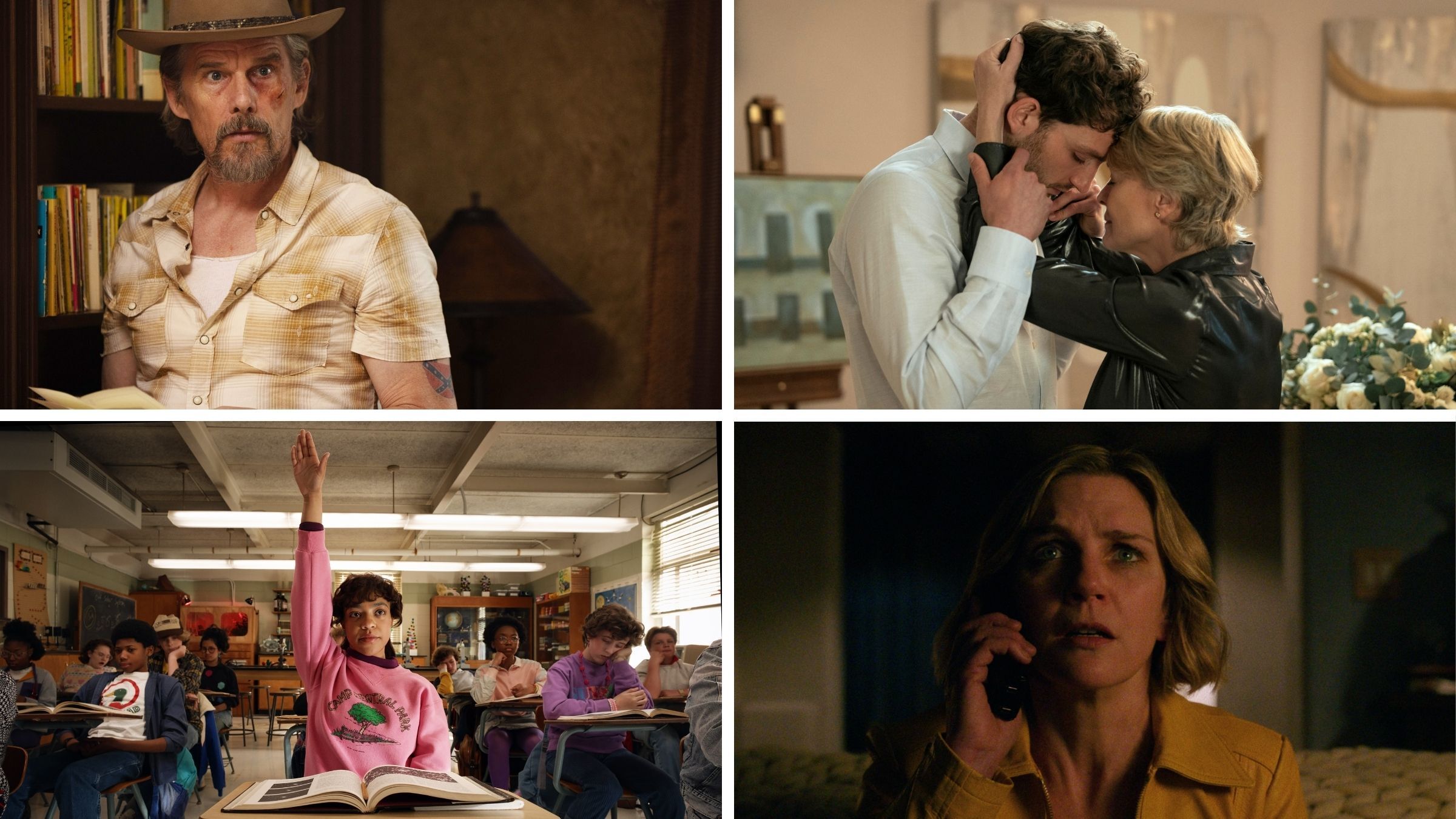 Clockwise from top left: <em>The Lowdown, The Girlfriend, Pluribus, Stranger Things.</em>